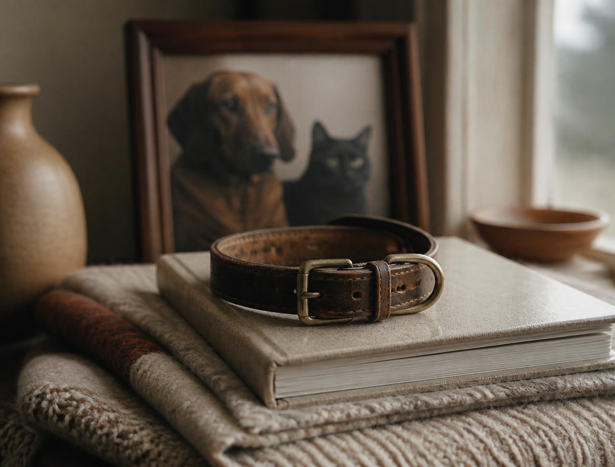 Un vieux collier et un album posés sur un plaid, près d'une fenêtre